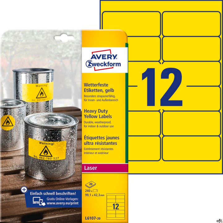 Etykiety Heavy Duty L6107-20 99,1 x 42,3 20 ark trwałe, żółte, poliestrowe, Avery Zweckform