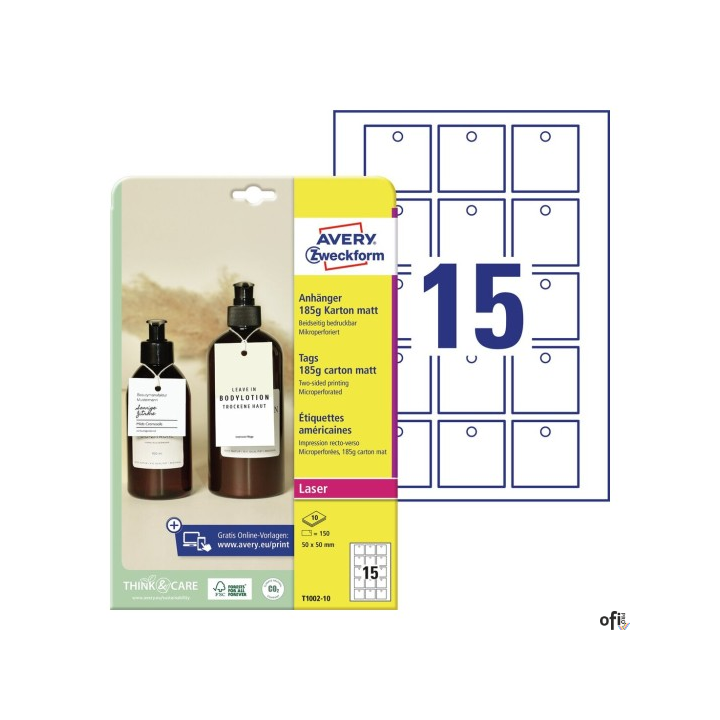 Zawieszki kartonowe Avery Zweckform, 185g, mikroperforowane, 50 x 50 mm, 10 ark. T1002-10