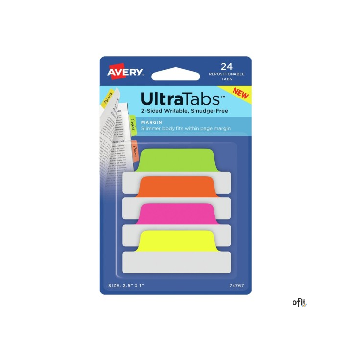Ultra Tabs - samoprzylepne zakładki indeksujące, kolorowe, neonowe, 63,5x25, 24 szt., Avery Zweckform 74767
