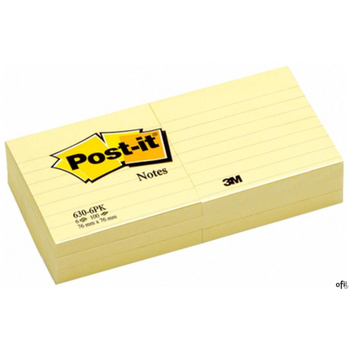 Bloczek samoprzylepny POST-IT_ w linie (630-6PK), 76x76mm, 6x100 kart., żółty (X)
