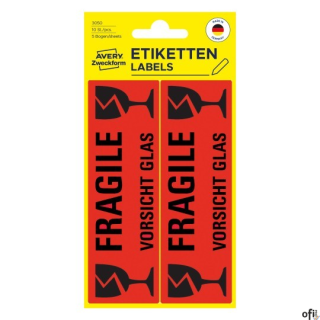 Etykiety informacyjne UWAGA SZKŁO, 10 etyk./op., 119 x 38 mm, czerwony odblaskowy, AVERY ZWECKFORM, 3050