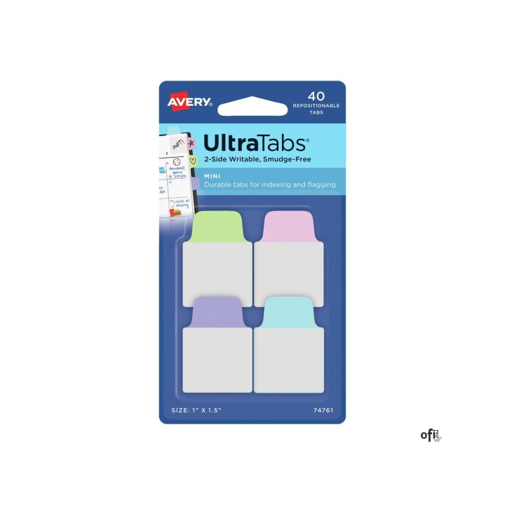 Ultra Tabs - samoprzylepne zakładki indeksujące, kolorowe, pastelowe, 25,4x38, 40 szt., Avery Zweckform 74761