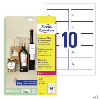 Zawieszki kartonowe Avery Zweckform, 220g, Quick&Clean, 90 x 50 mm, 10 ark. T2001-10