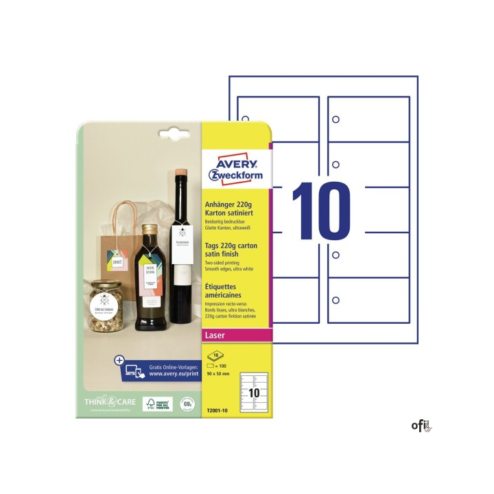 Zawieszki kartonowe Avery Zweckform, 220g, Quick&Clean, 90 x 50 mm, 10 ark. T2001-10