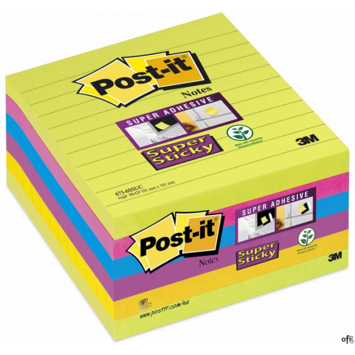 Bloczek samoprzylepny POST-IT_ Super Sticky w linie (675 - 6SSUC), 100x100mm, 6x90 kart., żółty