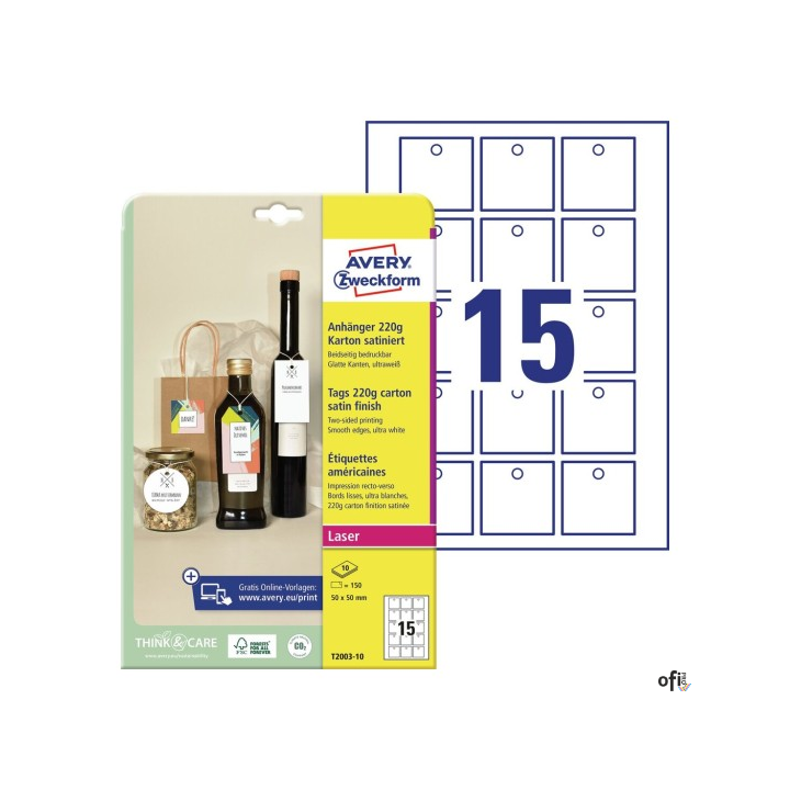 Zawieszki kartonowe Avery Zweckform, 220g, Quick&Clean, 50 x 50 mm, 10 ark. T2003-10