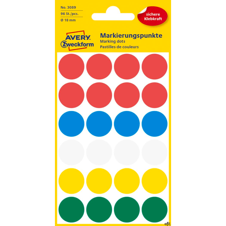 Kółka do zaznaczania mix kolorów 3089 Q18 4ark Avery Zweckform