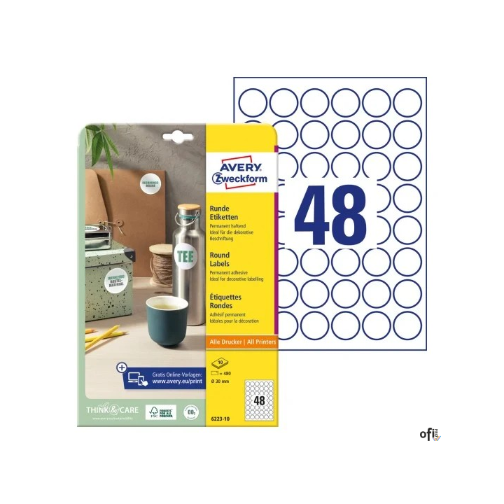 Etykiety o nietypowych kształtach, A4, 10 ark./op., Q30 mm, okrągłe, trwałe, AVERY ZWECKFORM, 6223.10.01