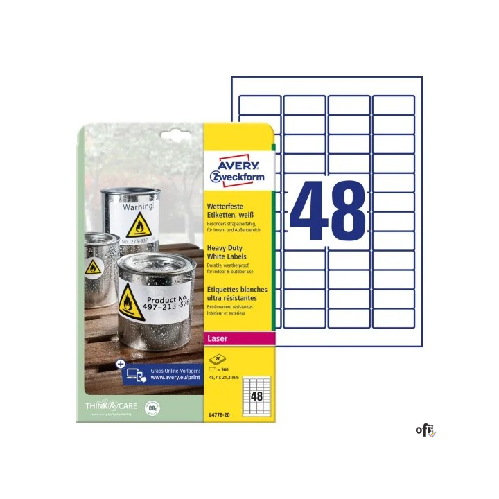 Etykiety Heavy Duty L4778-20 45,7 x 21,2 20ark Avery Zweckform, białe, poliestrowe
