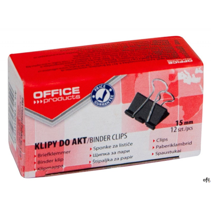 Klipy do dokumentów OFFICE PRODUCTS, 15mm, 12szt., czarne 18091519-05