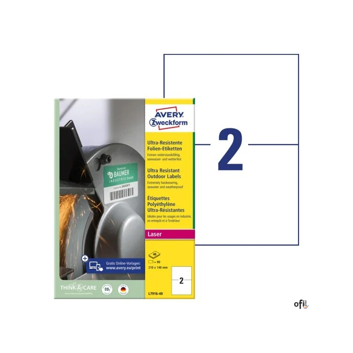 Etykiety polietylenowe ultra resistant, A4, 40 ark./op., 210x148mm, AVERY ZWECKFORM, L7916-40 SALE