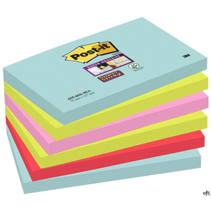 Bloczki samoprzylepne POST-IT_ Super Sticky (655-6SS-MIA), 76x127mm, 6x90 kart., paleta Miami