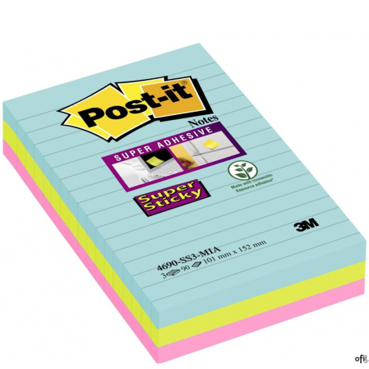 Bloczek samoprzylepny POST-IT_ Super Sticky w linie (4690-SS3MIA), 101x152mm, 3x90 kart., paleta Miami