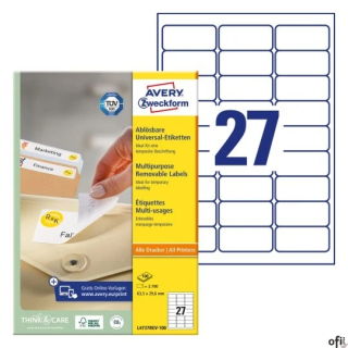 Usuwalne etykiety uniwersalne, A4, 100 ark./op., 63,5 x 29,6 mm, białe, AVERY ZWECKFORM, L4737REV-100