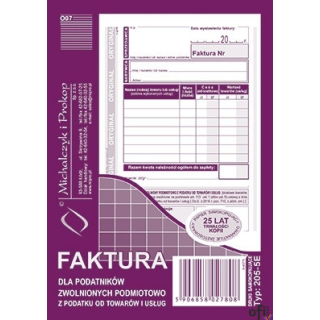 205-5E Faktura dla podatników zwolnionych z VAT A6 (o+1k) MICHALCZYK