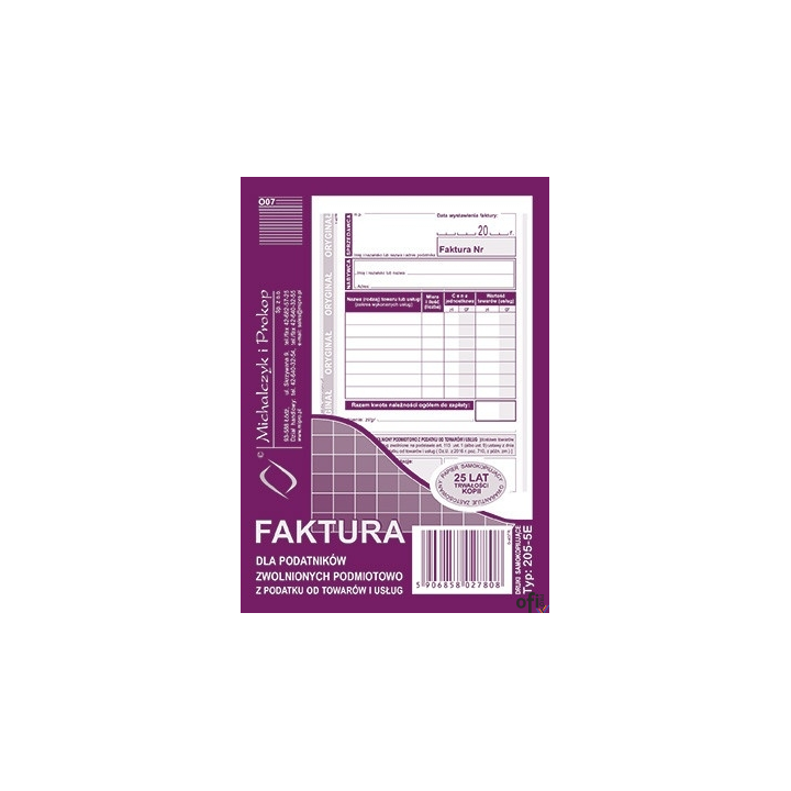 205-5E Faktura dla podatników zwolnionych z VAT A6 (o+1k) MICHALCZYK