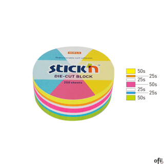 Notes koło, 67x67mm, mix 5 kol. neon+biały, 250kart. Stickn 21830