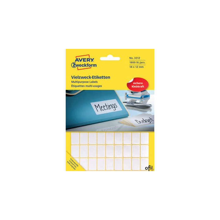 Białe minietykiety do opisywania ręcznego, 1800 etyk./op., 18 x 12 mm, białe, AVERY ZWECKFORM, 3312