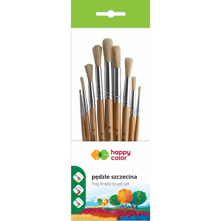 Zestaw pędzli szkolnych szczecina, okrągłe, 9 szt, Happy Color HA 3240 1022-01 PB9