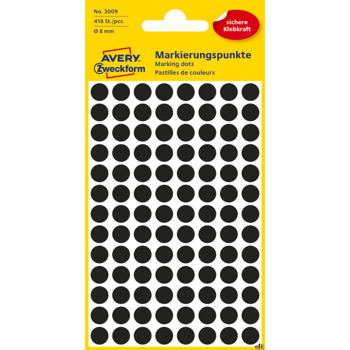 Kółka do zaznaczania 3009 Q8 mm 4 ark. czarne Trwałe, Avery Zweckform