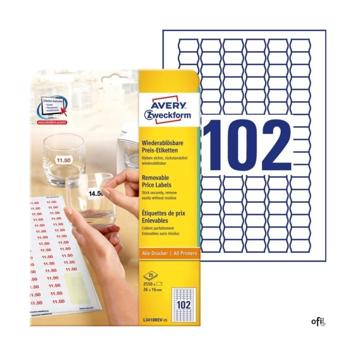 Usuwalne etykiety cenowe, A4, 25 ark./op., 26 x 16 mm, białe, AVERY ZWECKFORM, L3410REV-25