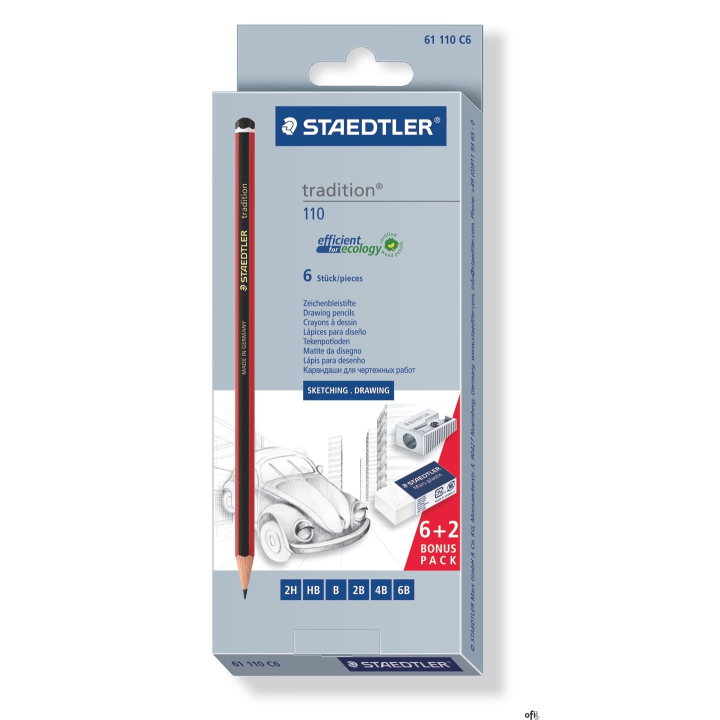Zestaw ołówków tradition, 6 szt. (2H, HB, B, 2B, 4B, 6B), + gumka + temperówka, Staedtler S 61 110 C6