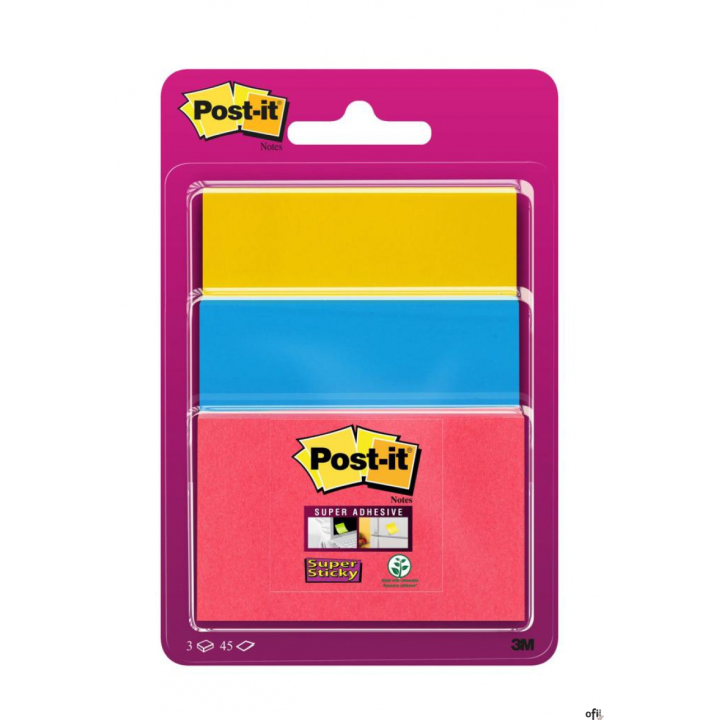 Bloczek samoprzylepny POST-IT_ Super Sticky (3432SS3-BYP-EU), 47,6x47,6mm, 3x45 kart., zawieszka, mix kolorów