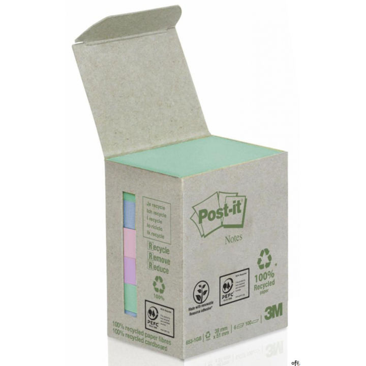Bloczki ekologiczne POST-IT_ (653-1GB), 38x51mm, 6x100 kart., mix kolorów (X)