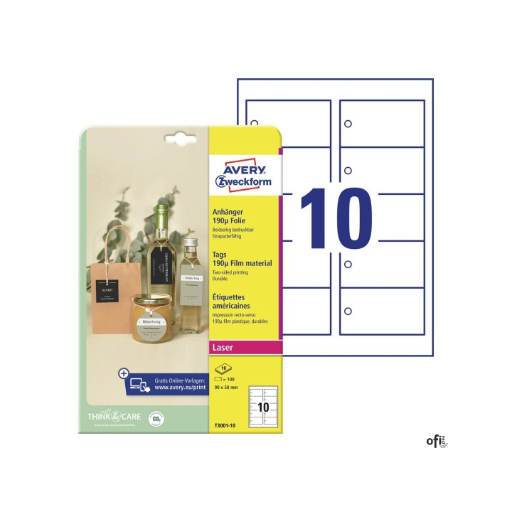 Zawieszki foliowe Avery Zweckform, 190_, 90 x 50 mm, 10 ark. T3001-10
