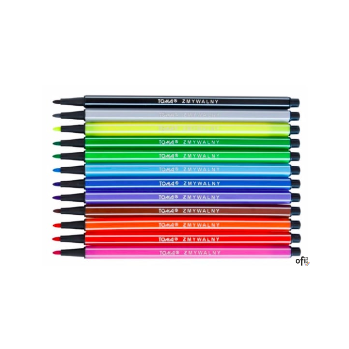 Flamastry szkolne ZĘBOZAURUS 12 kolorowe, spieralne, cienka końcówka, mix TO-590 62 Toma