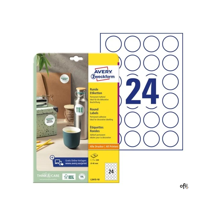 Etykiety o nietypowych kształtach, A4, 10 ark./op., Q40 mm, białe, AVERY ZWECKFORM, L3415-10