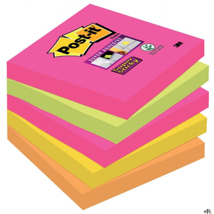 Bloczek samoprzylepny POST-IT_ Super Sticky (654S-N), 76x76mm, 5x90 kartek, neonowe