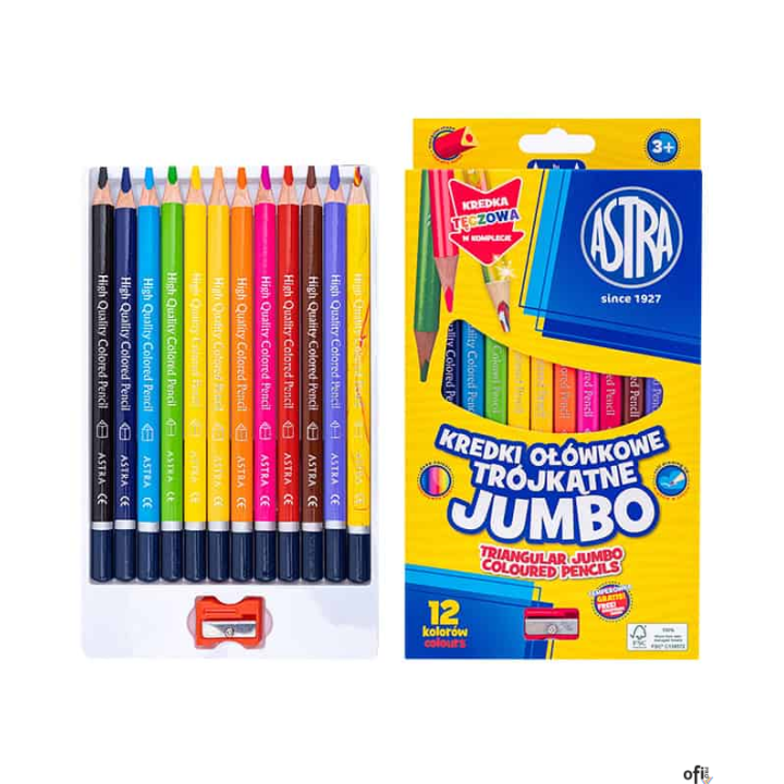 Kredki ołówkowe trójkątne jumbo ASTRA 12 kolorów z temperówką 312023911