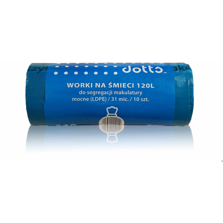 Worki na śmieci 120l 10szt., DOTTS, do segregacji makulatury, NADRUK, mocne (LDPE), 31mic., niebieskie