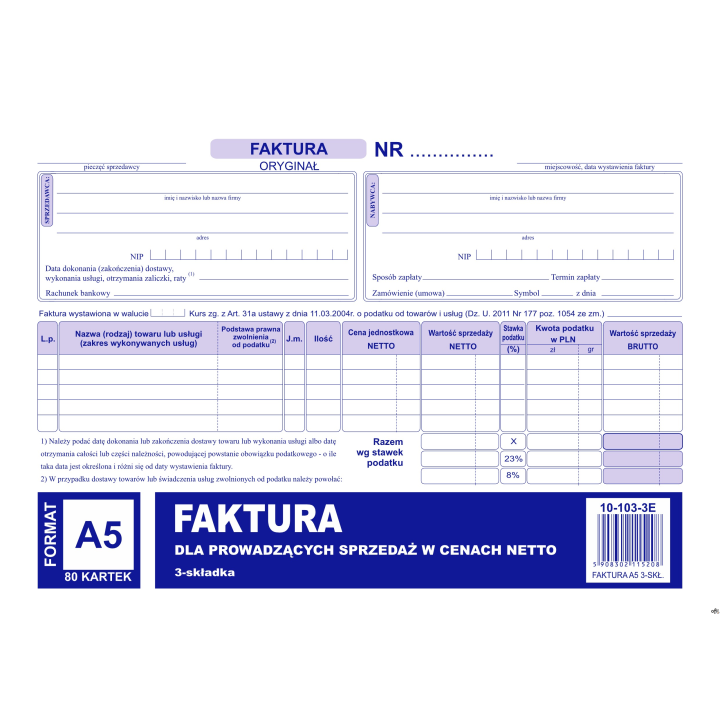 Faktura VAT netto (pełna) A5, 80 kartek (1+2) 10-103-3E DOTTS