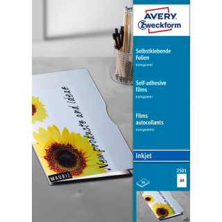 Przezroczyste folie samoprzylepne 2501 A4, 50ark powlekane, grubość 0,17 mm, Avery Zweckform